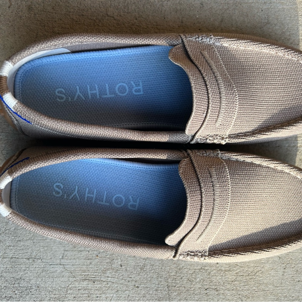 Rothy's Tan Knit Loafers with Blue Insole